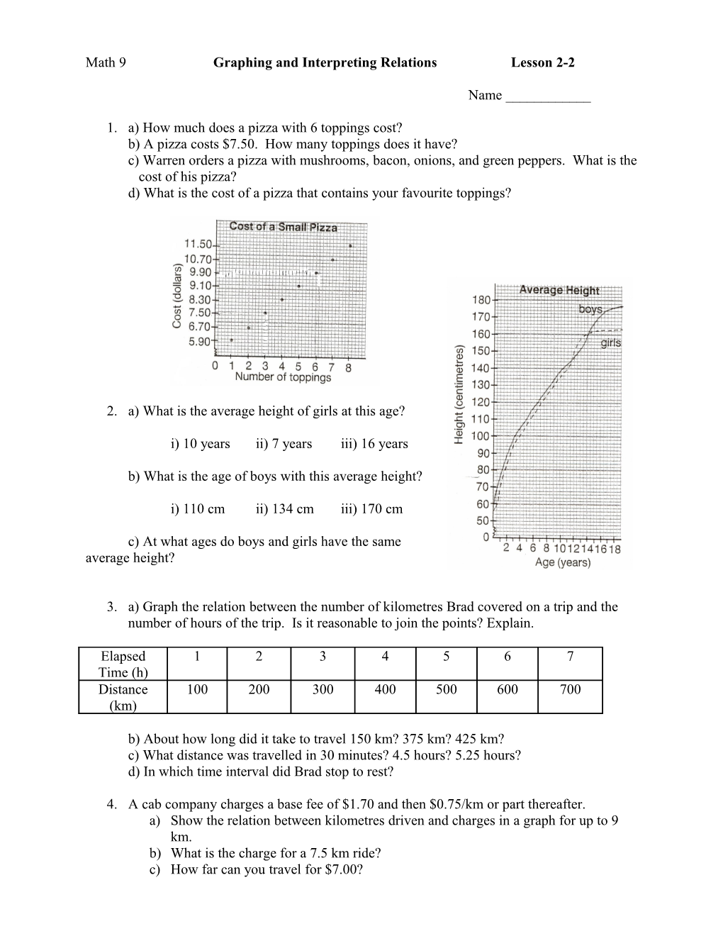 Math 9 Graphing and Interpreting Relations Lesson 2-2