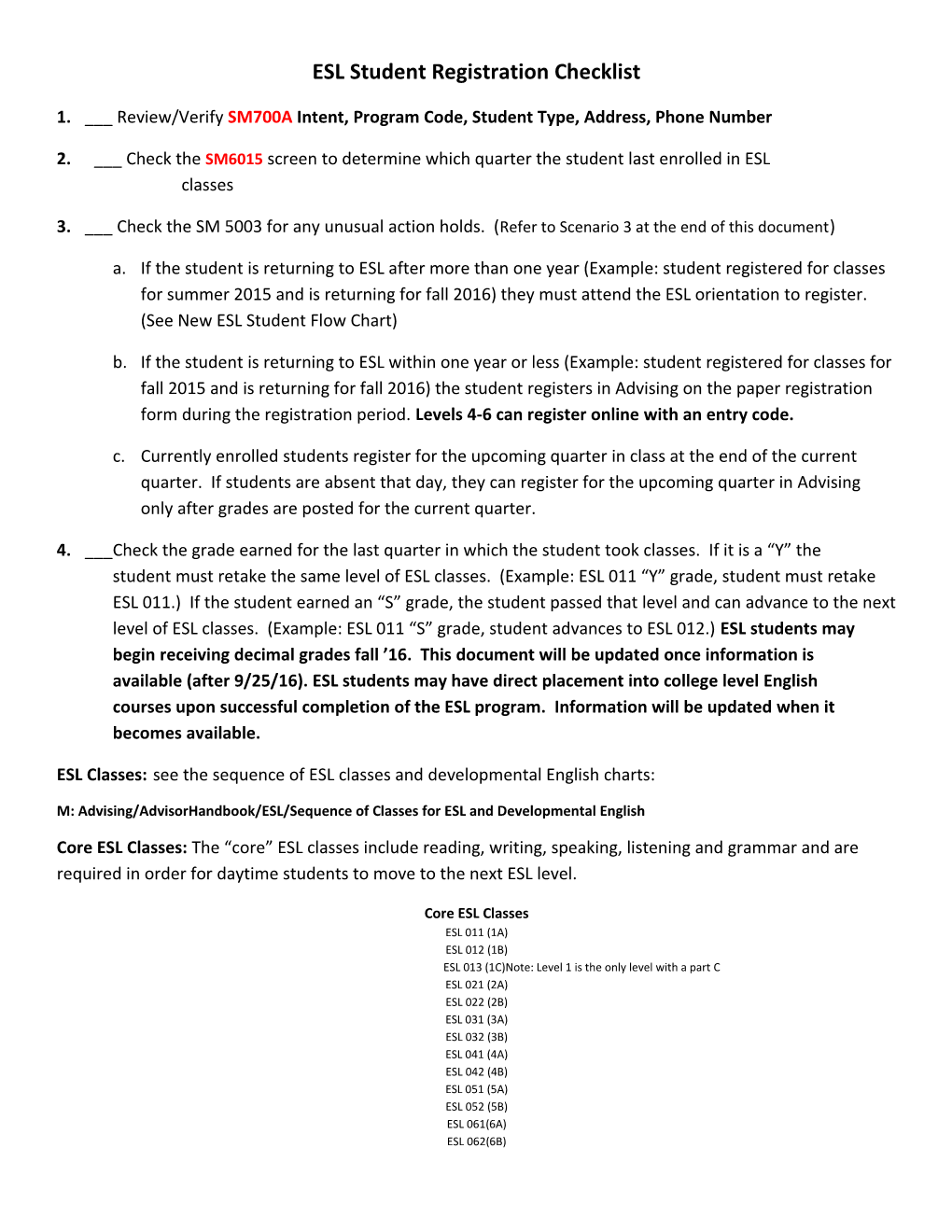 ESL Student Registration Checklist