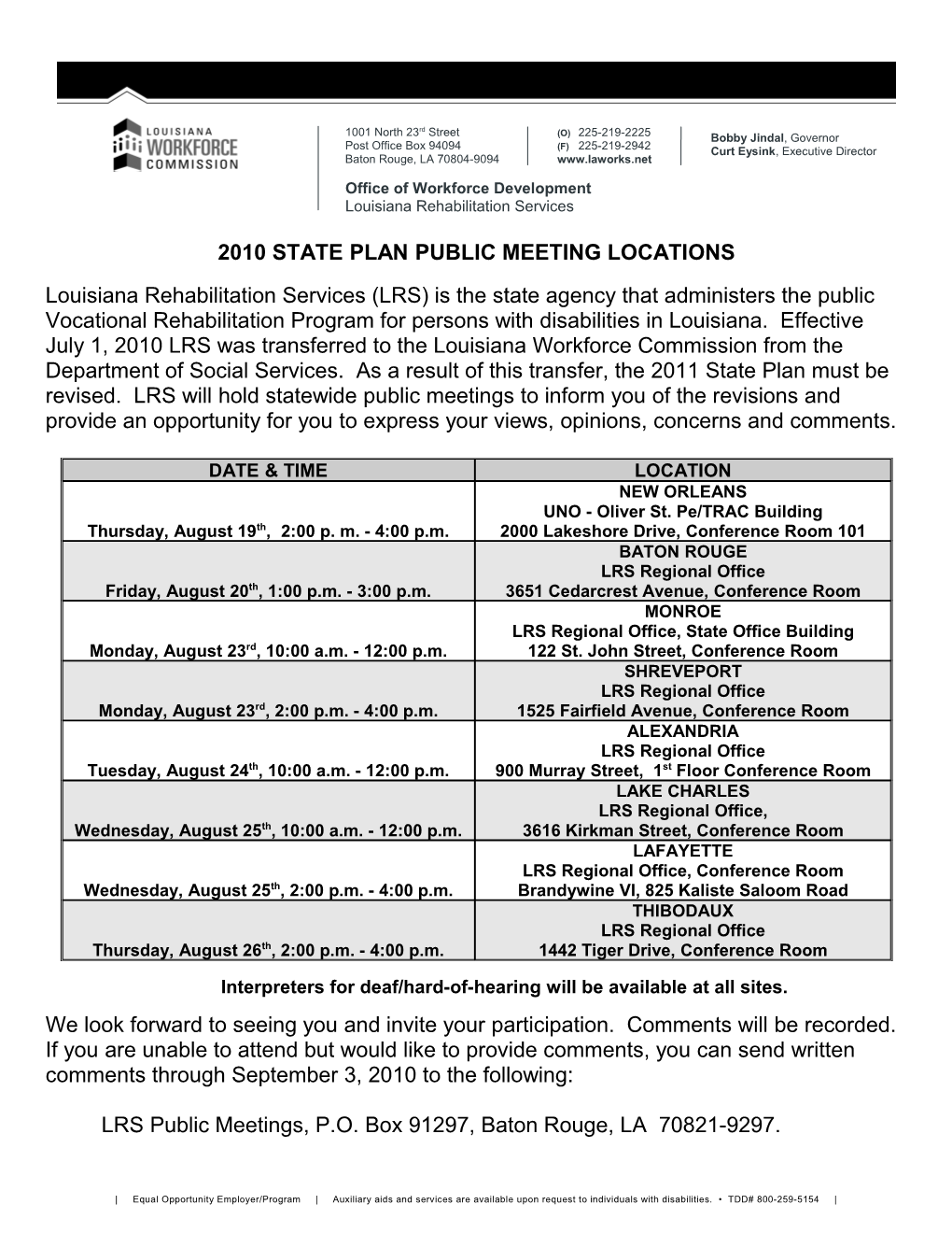 2010 State Plan Public Meeting Locations