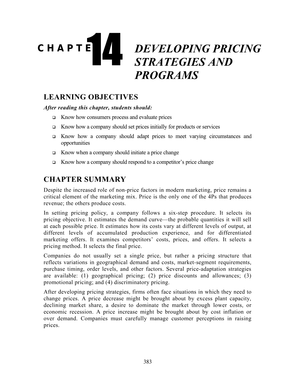 Chapter 14: Developing Pricing Strategies and Programs