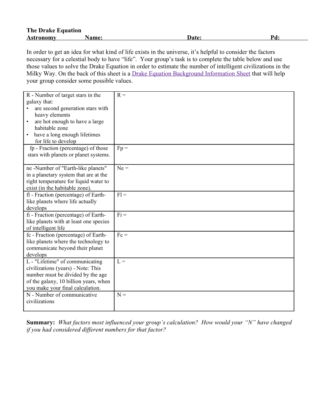 Drake Equation Background Information Sheet