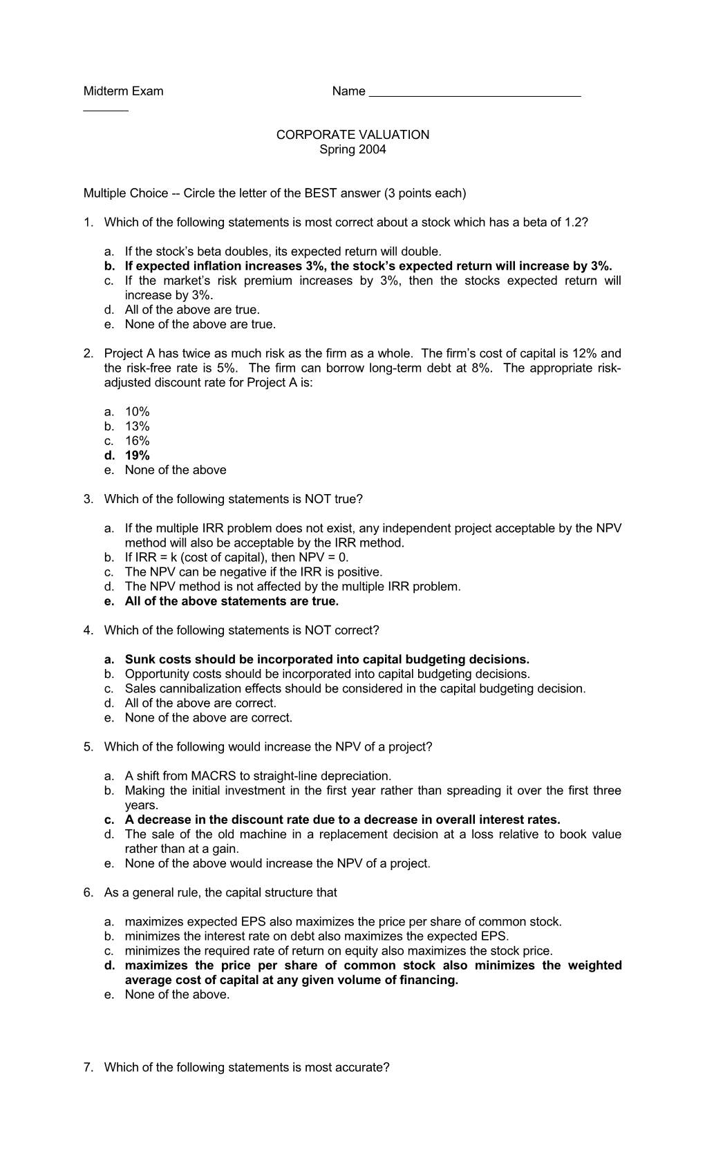 Multiple Choice Circle the Letter of the BEST Answer (3 Points Each) s1