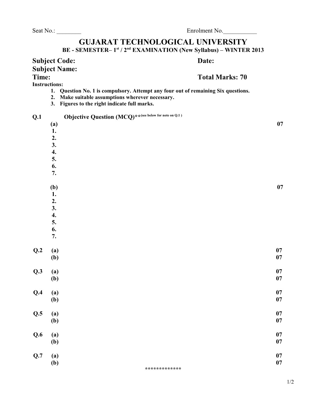 BE - SEMESTER 1St / 2Ndexamination (New Syllabus) WINTER 2013