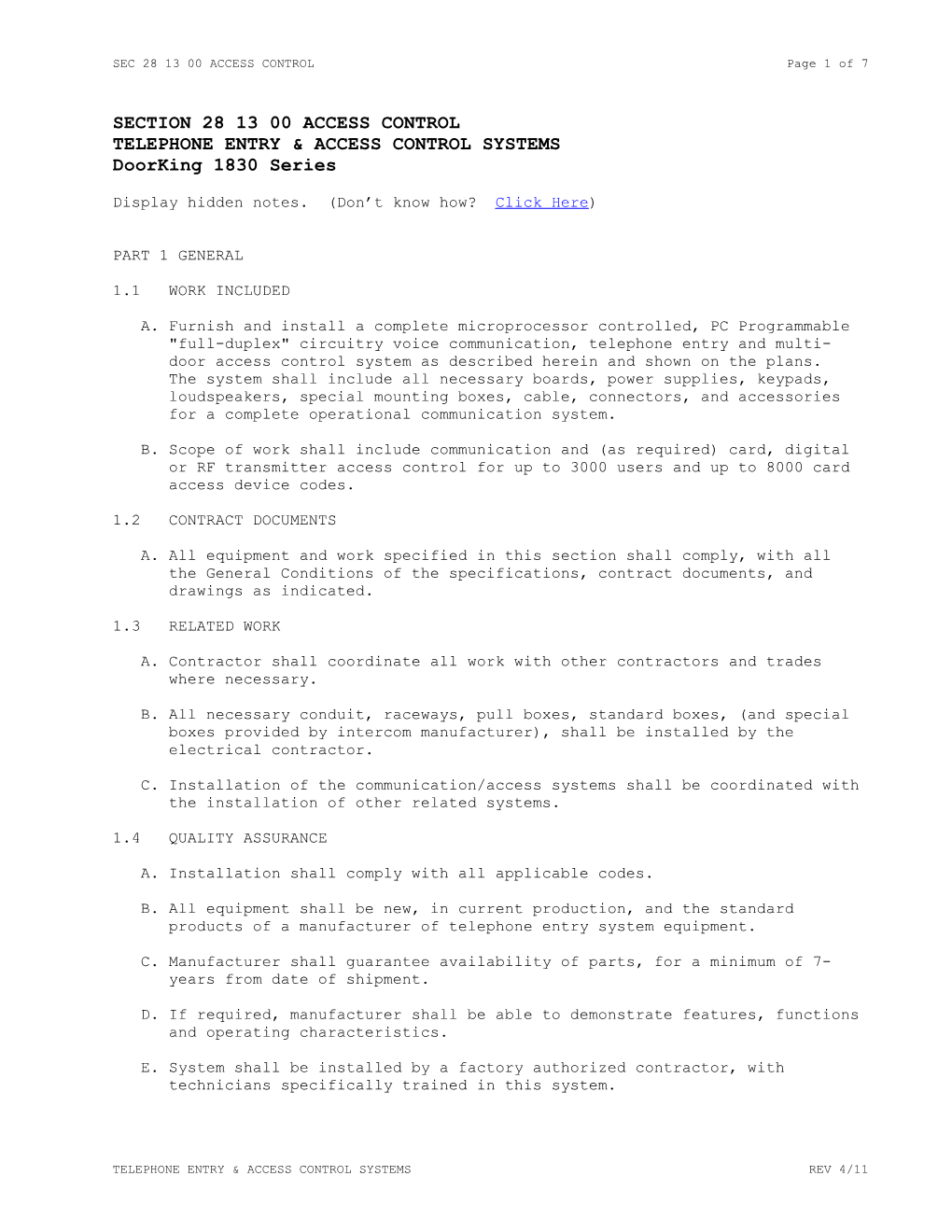 SEC 28 13 00 ACCESS CONTROL Page 6 of 7