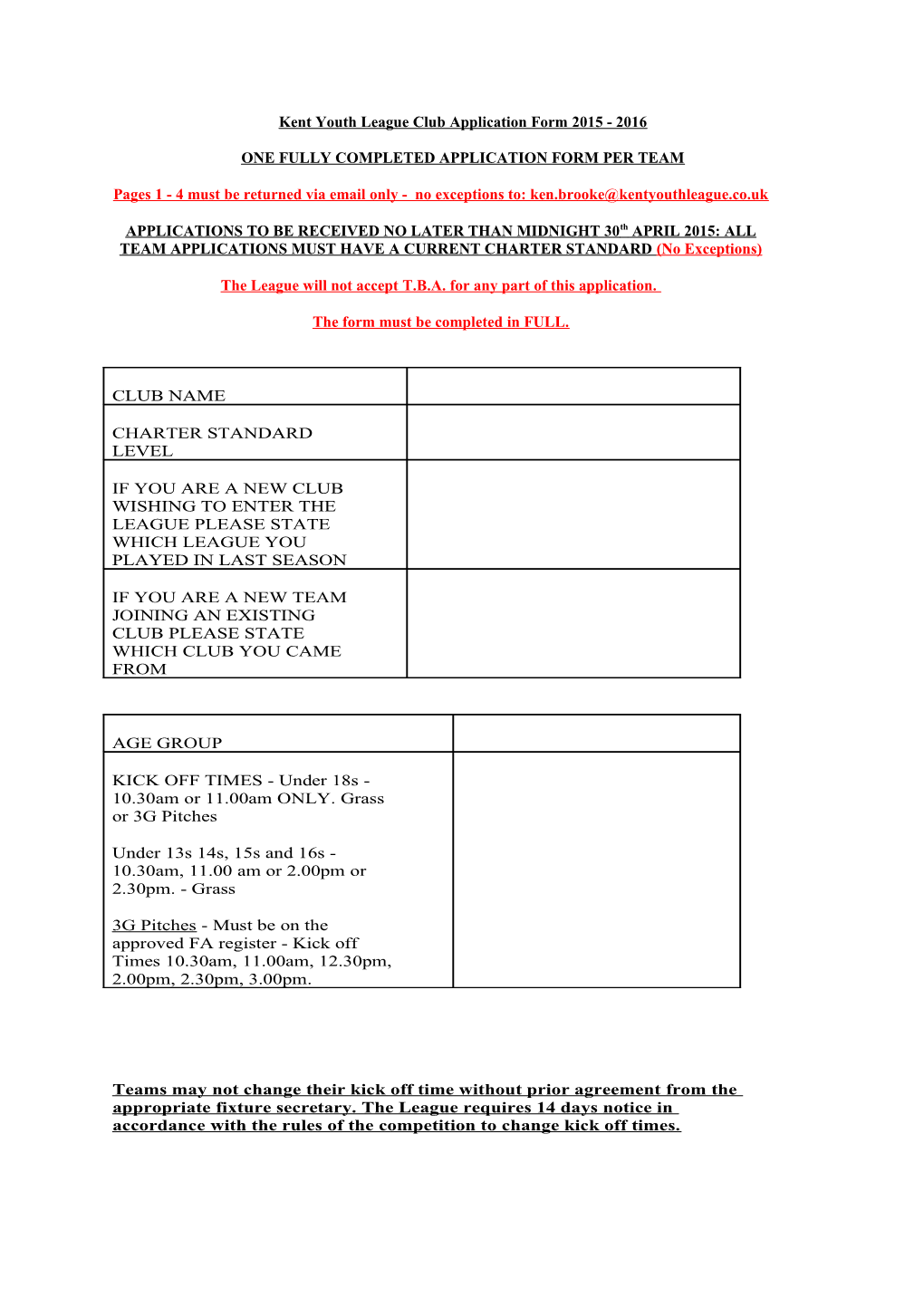Kent Youth League Club Application Form 2015 - 2016