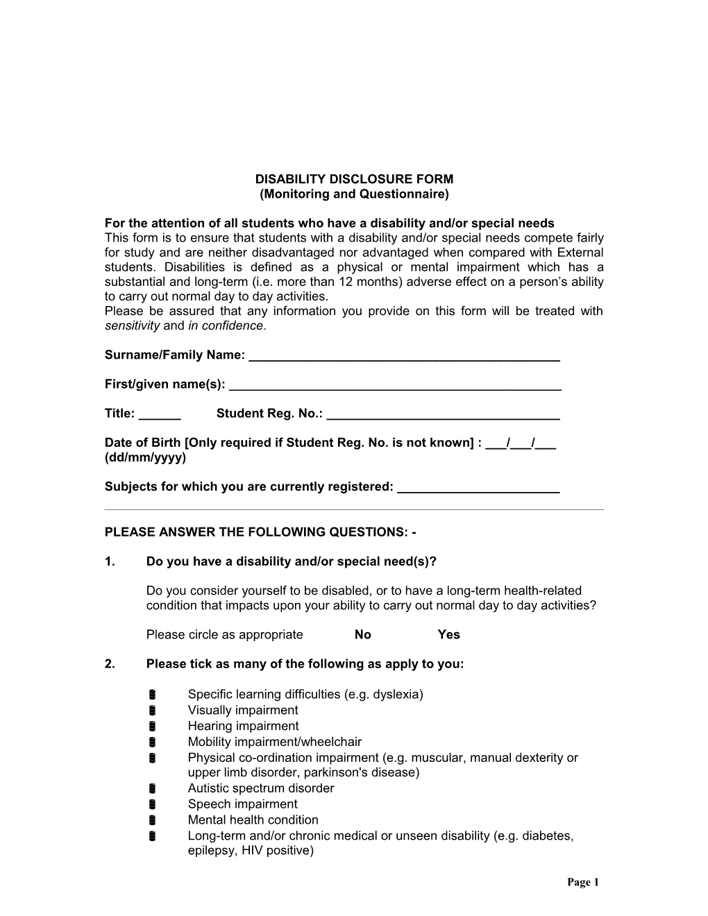 Disability Disclosure Form