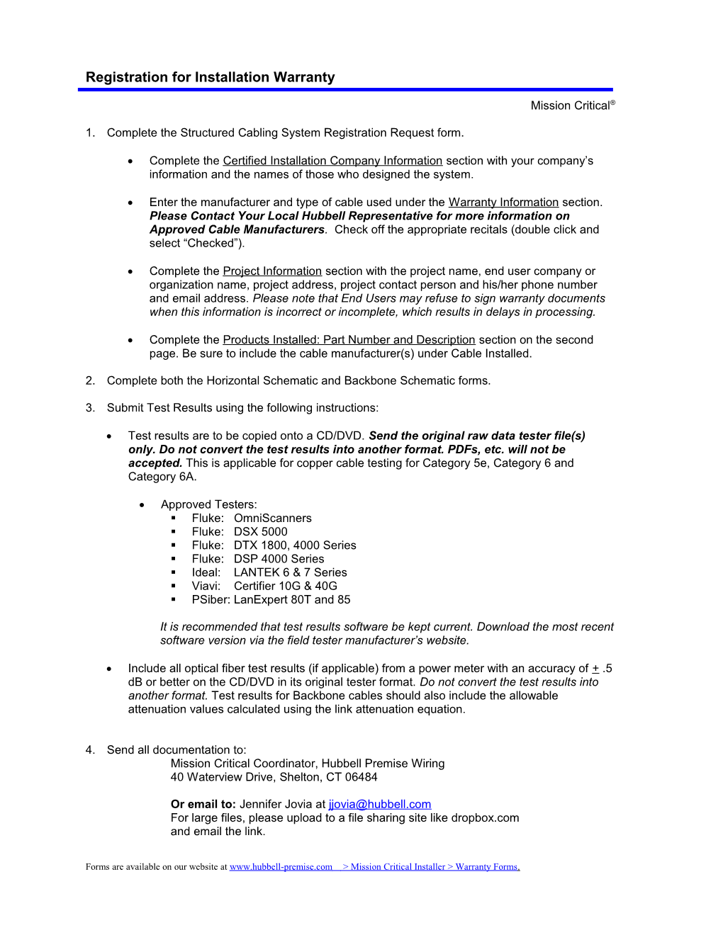 Mission Critical Warranty Installation Registration Procedure