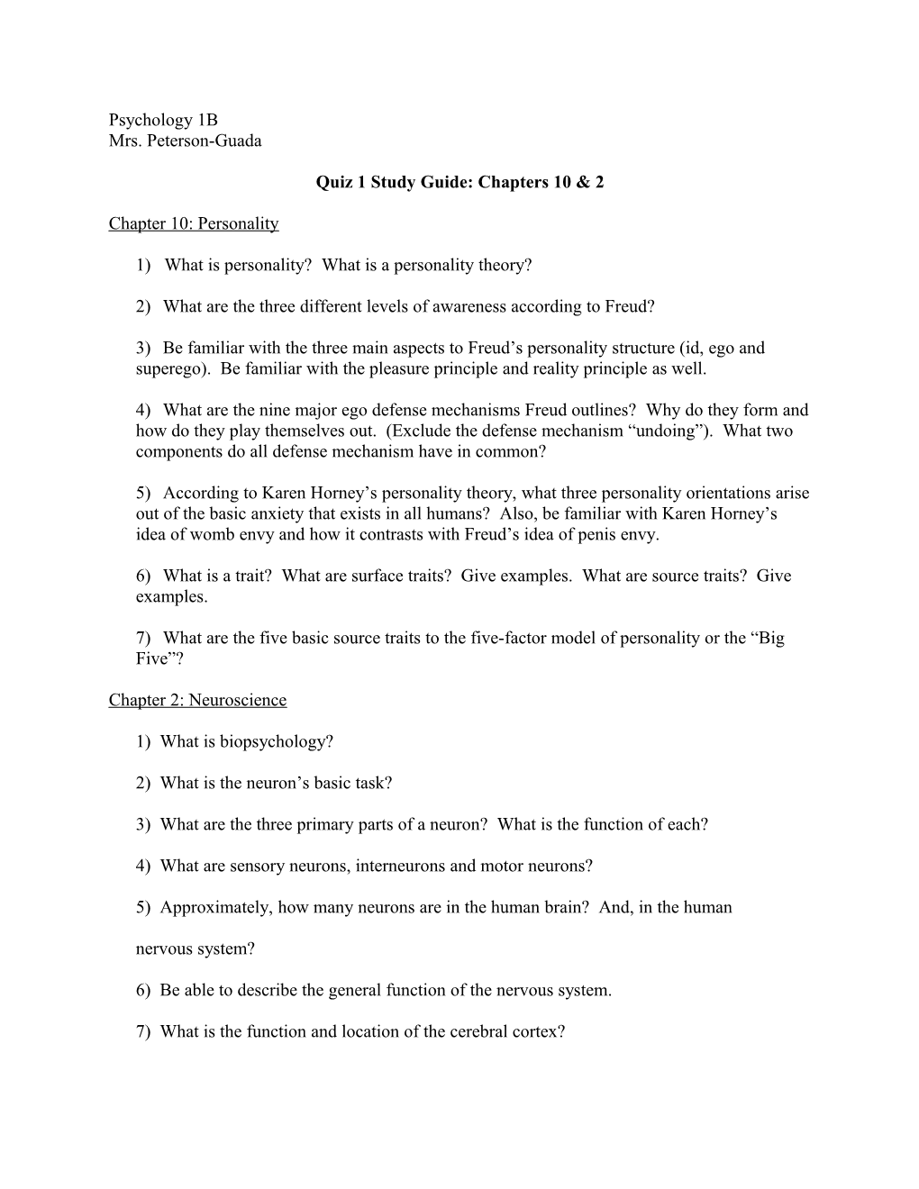 Quiz 1 Study Guide: Chapters 10 & 2