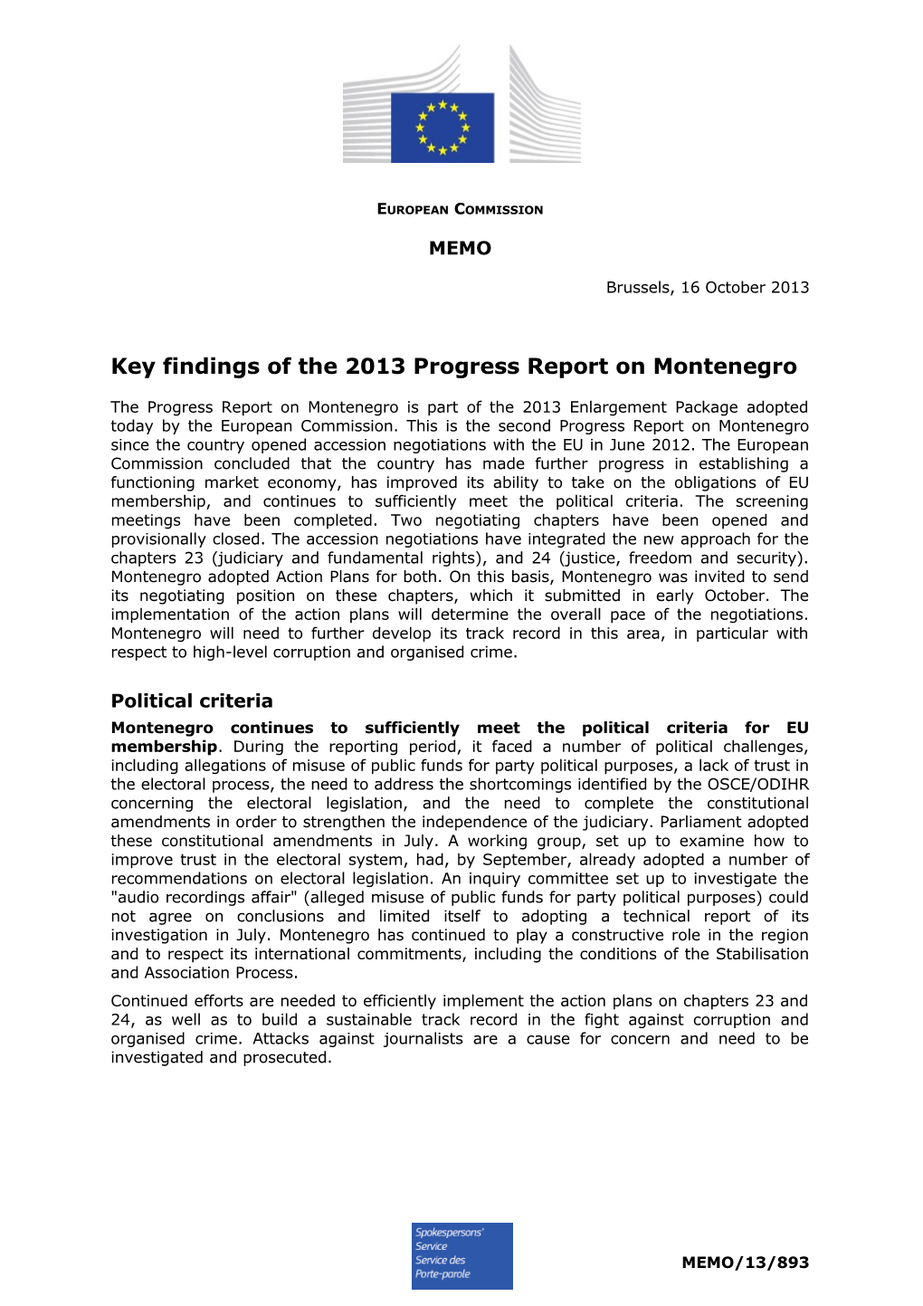 Key Findings of the 2013 Progress Report on Montenegro