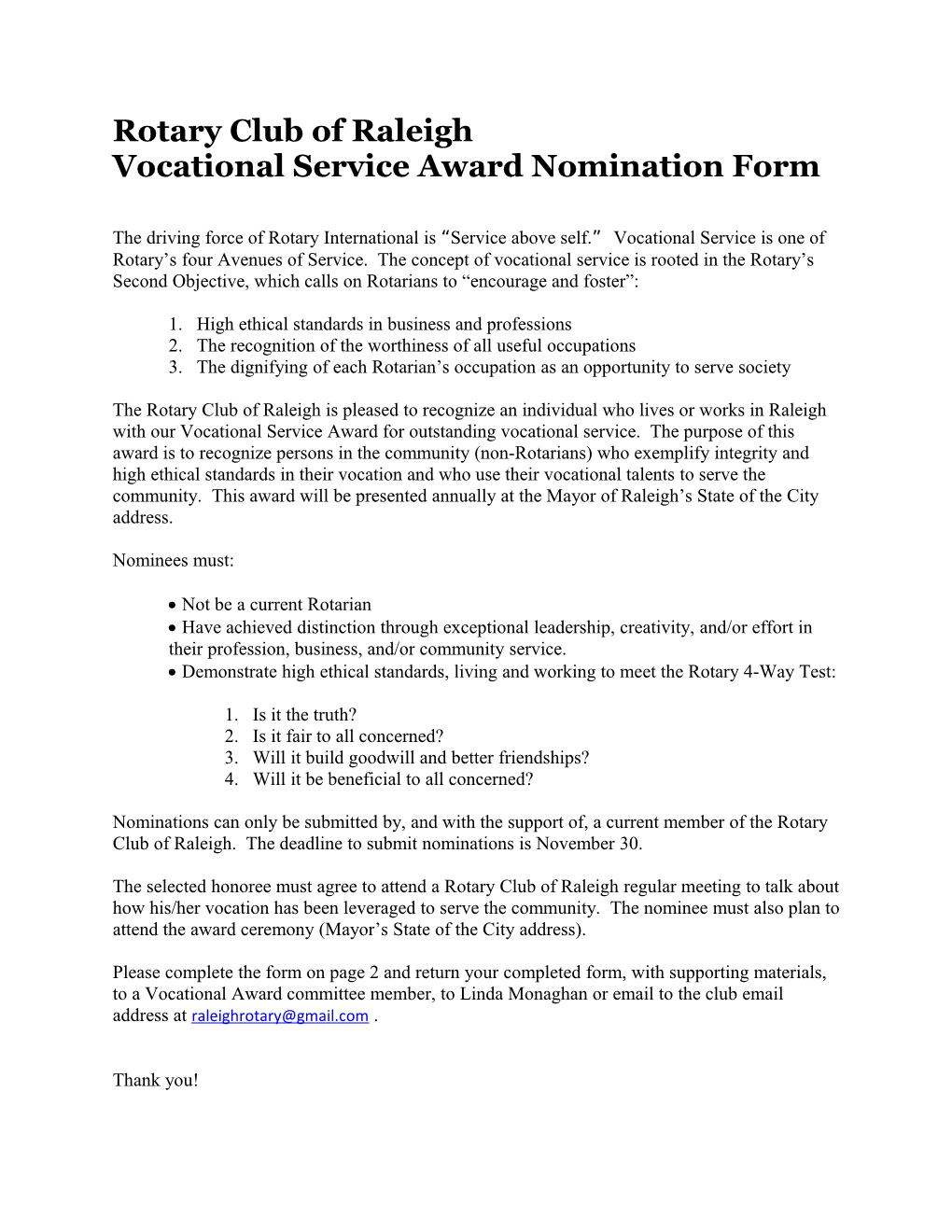 Vocational Service Award Nomination Form