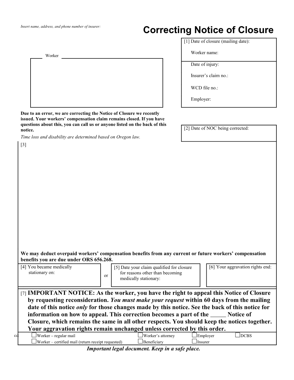 Correcting Notice of Closure