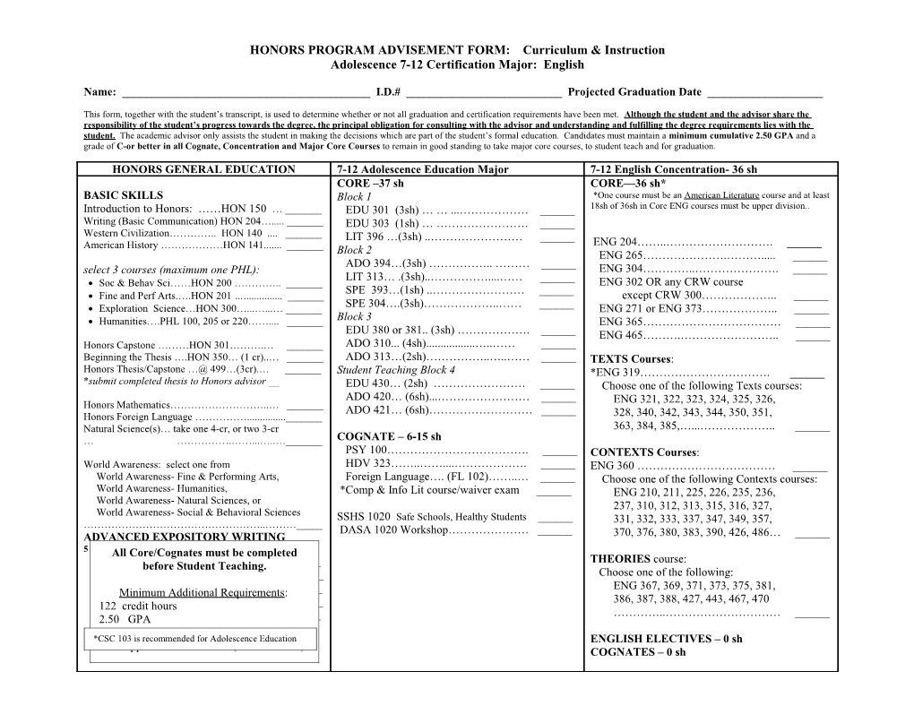 PROGRAM ADVISEMENT FORM: Curriculum & Instruction