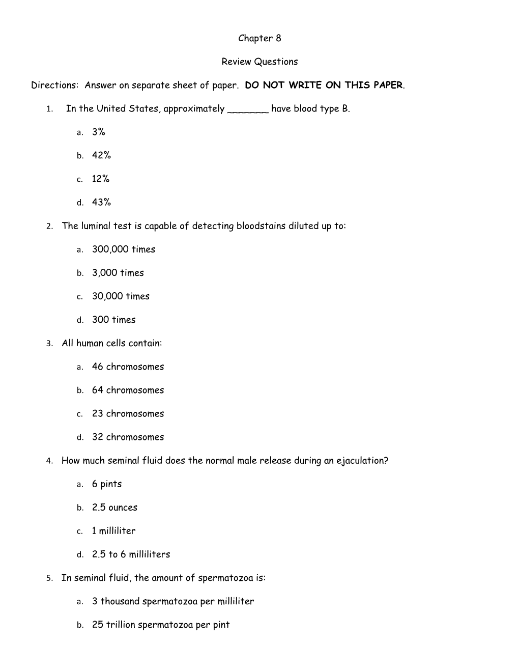 Directions: Answer on Separate Sheet of Paper. DO NOT WRITE on THIS PAPER