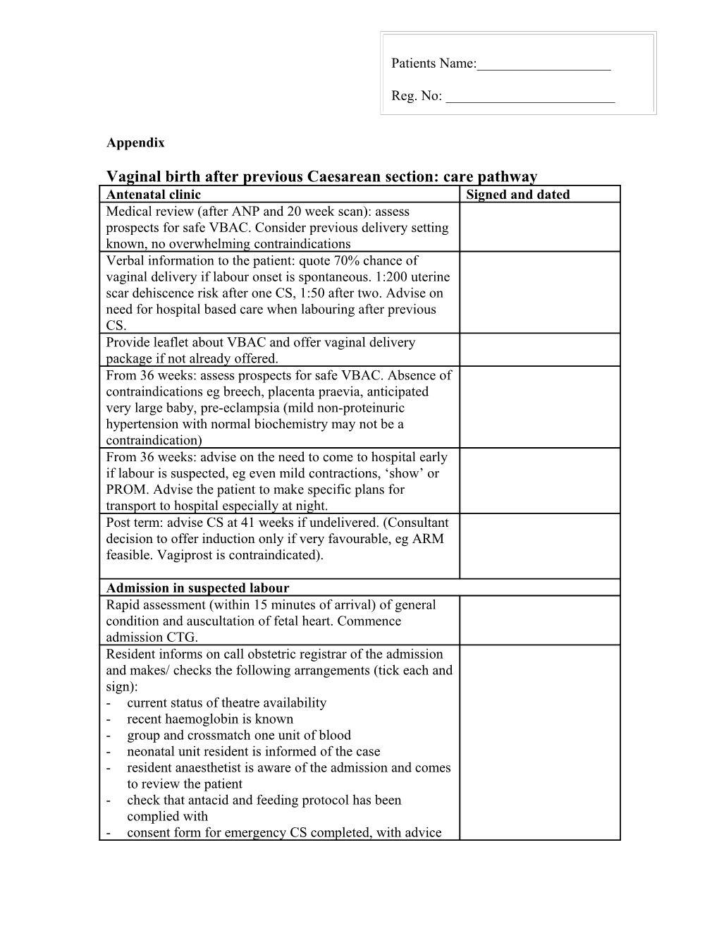 Vaginal Birth After Previous Caesarean Section: Care Pathway