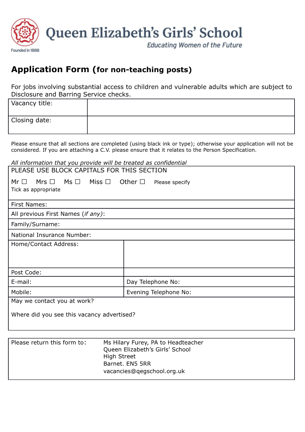 Application Form (For Non-Teaching Posts)