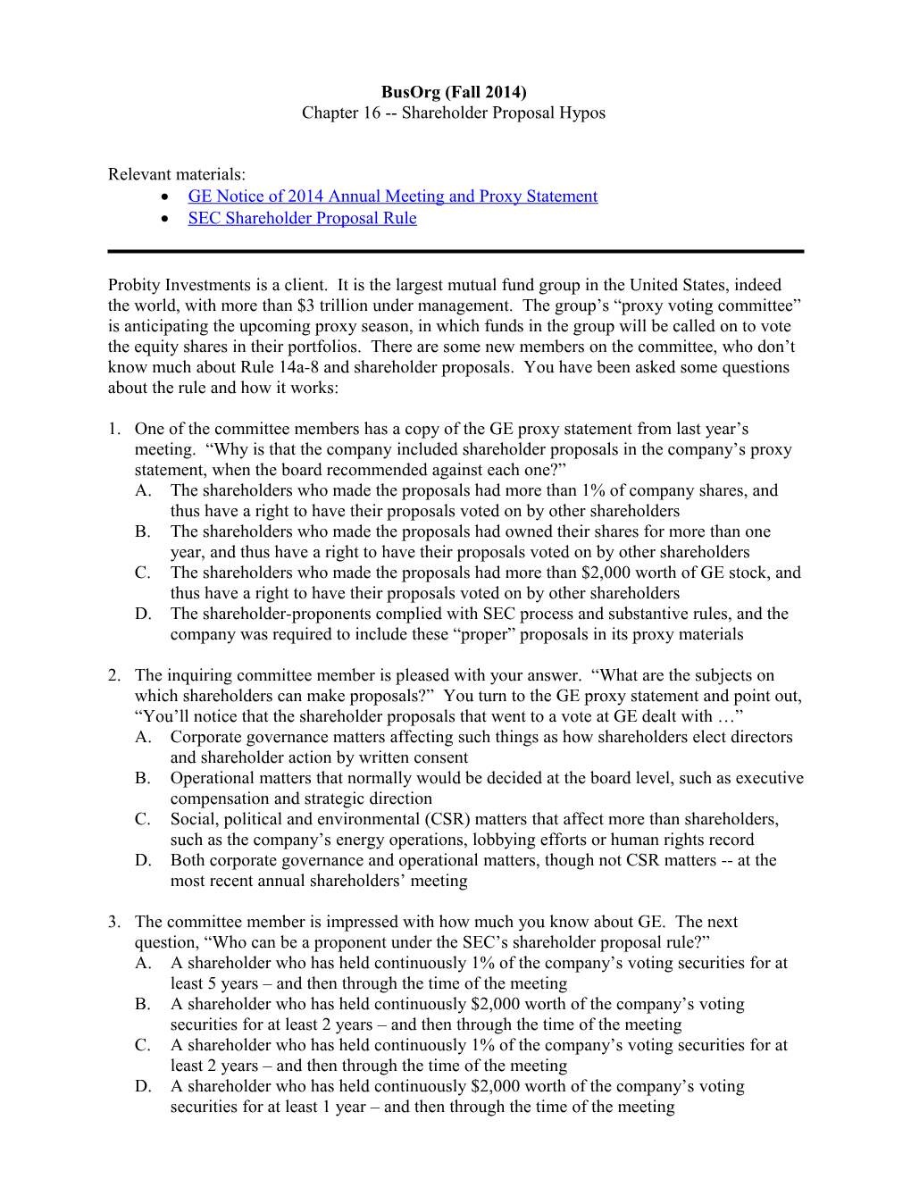 Chapter 16 Shareholder Proposal Hypos