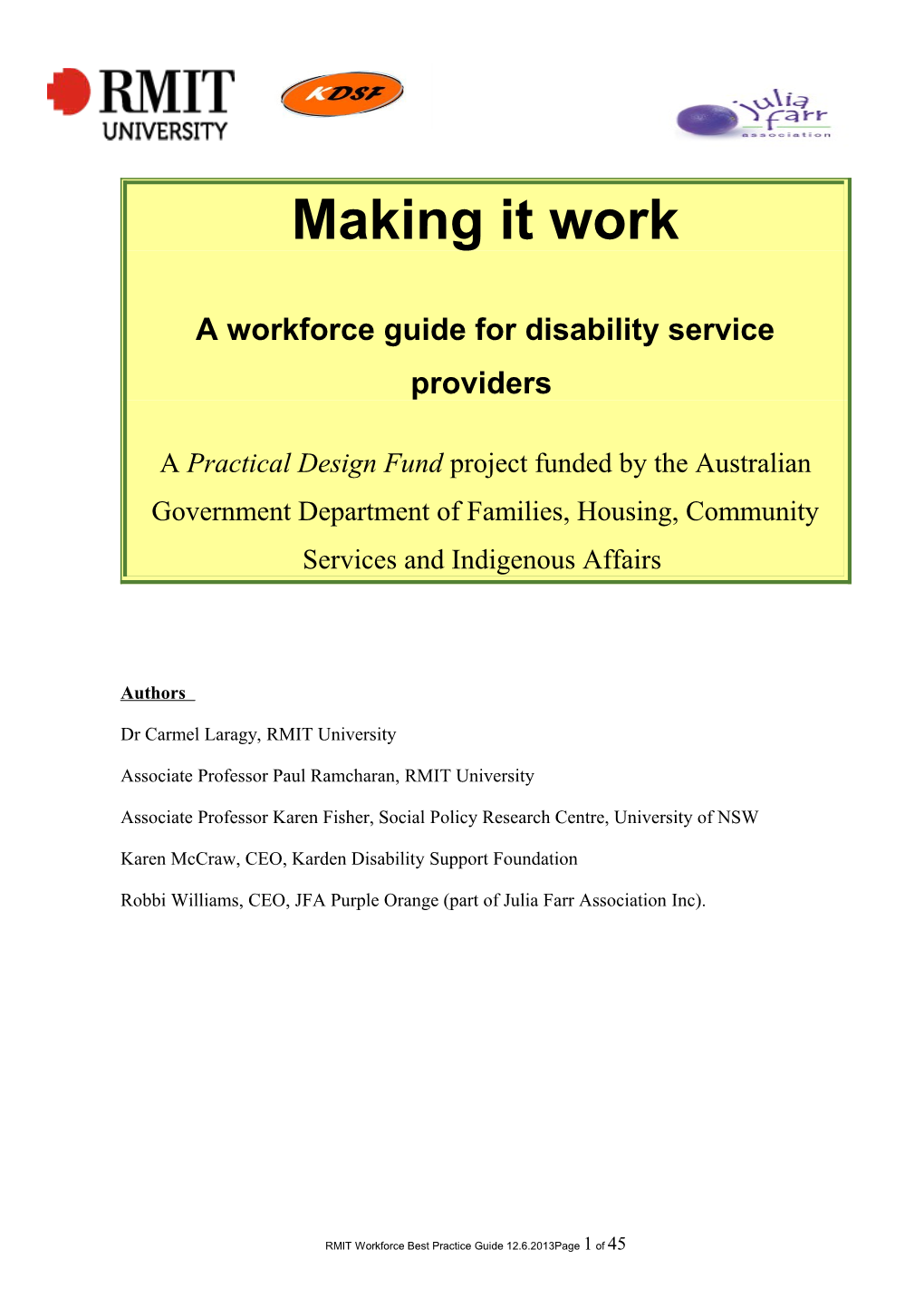 Making It Work: a Workforce Guide for Disability Service Providers