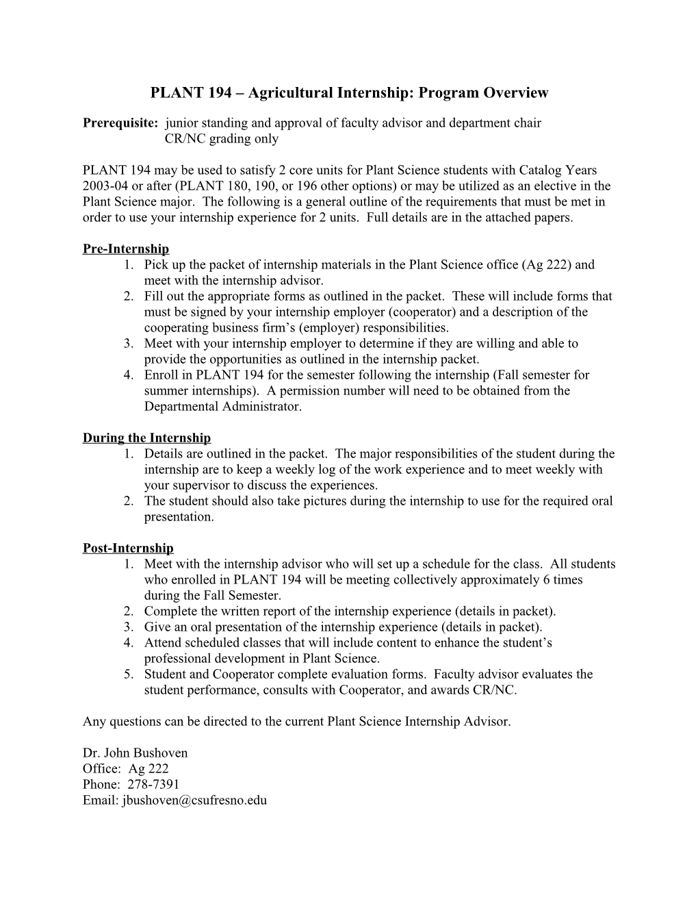 PLANT 194 Agricultural Internship:Program Overview