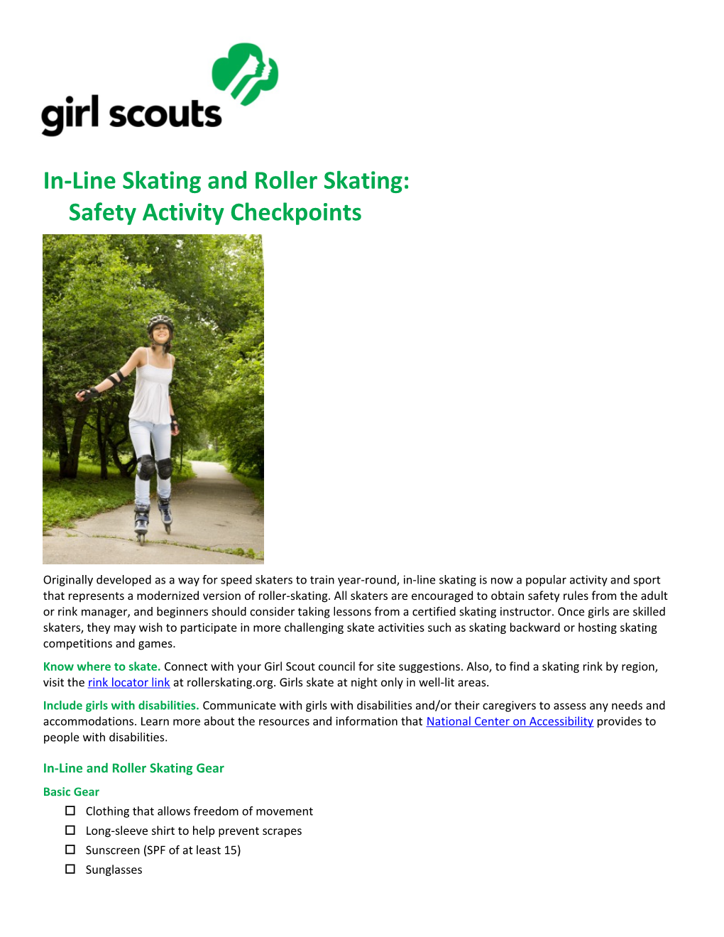 In-Line Skating and Roller Skating:Safety Activity Checkpoints