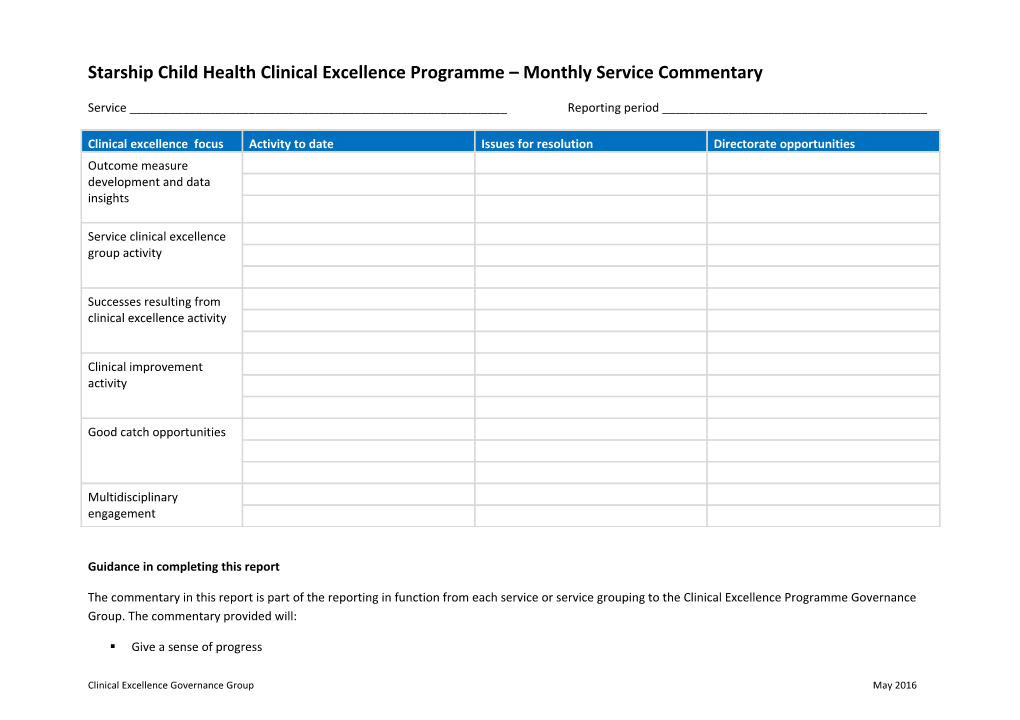 Starship Child Health Clinical Excellence Programme Monthly Service Commentary