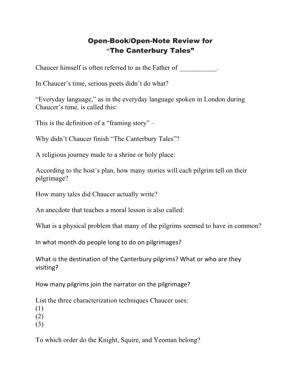 Middle Ages and Canterbury Tales Test