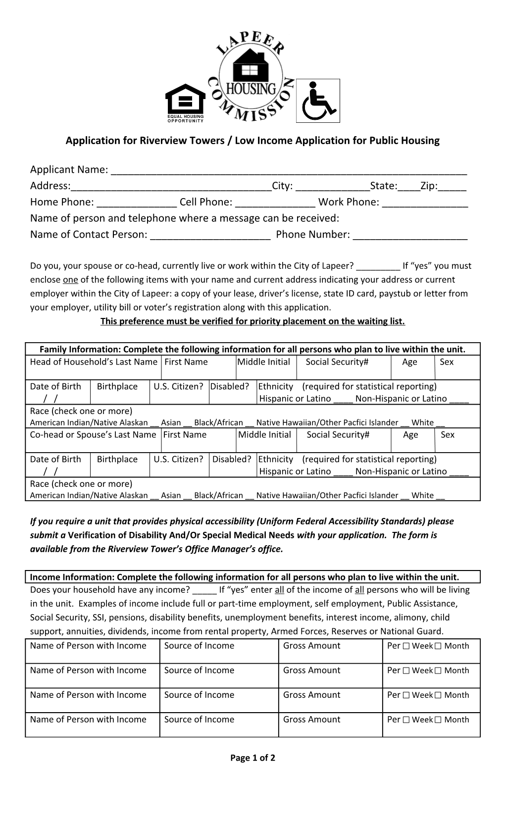 Application for Riverview Towers / Low Income Application for Public Housing