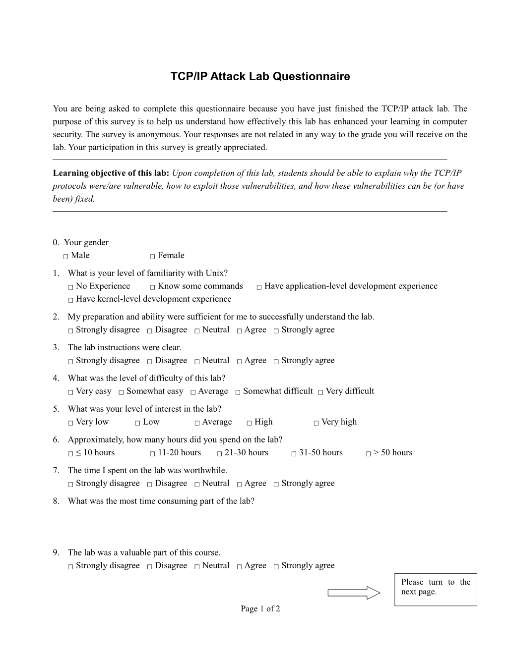 TCP/IP Attack Lab Questionnaire