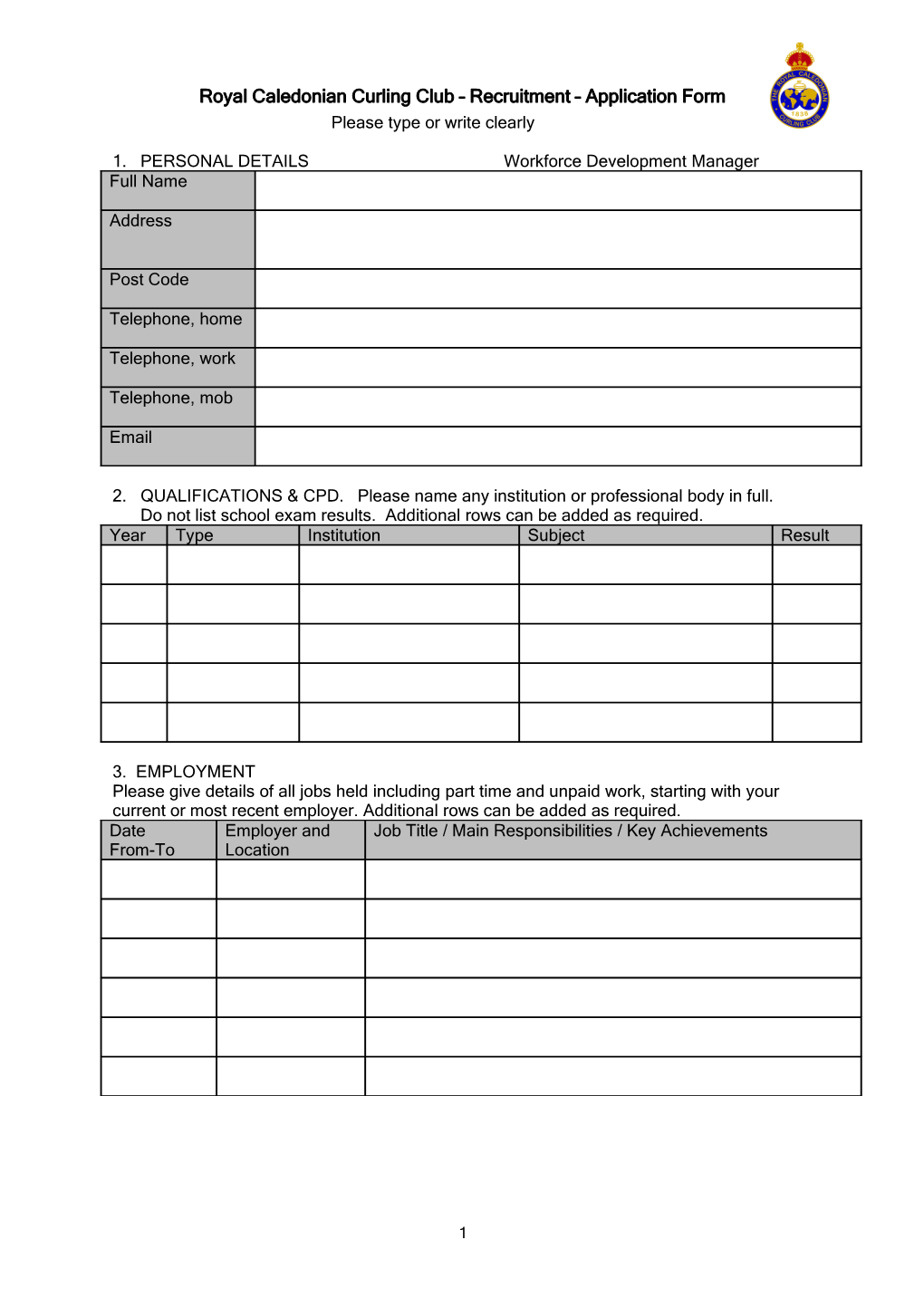 Royal Caledonian Curling Club Recruitment Application Form