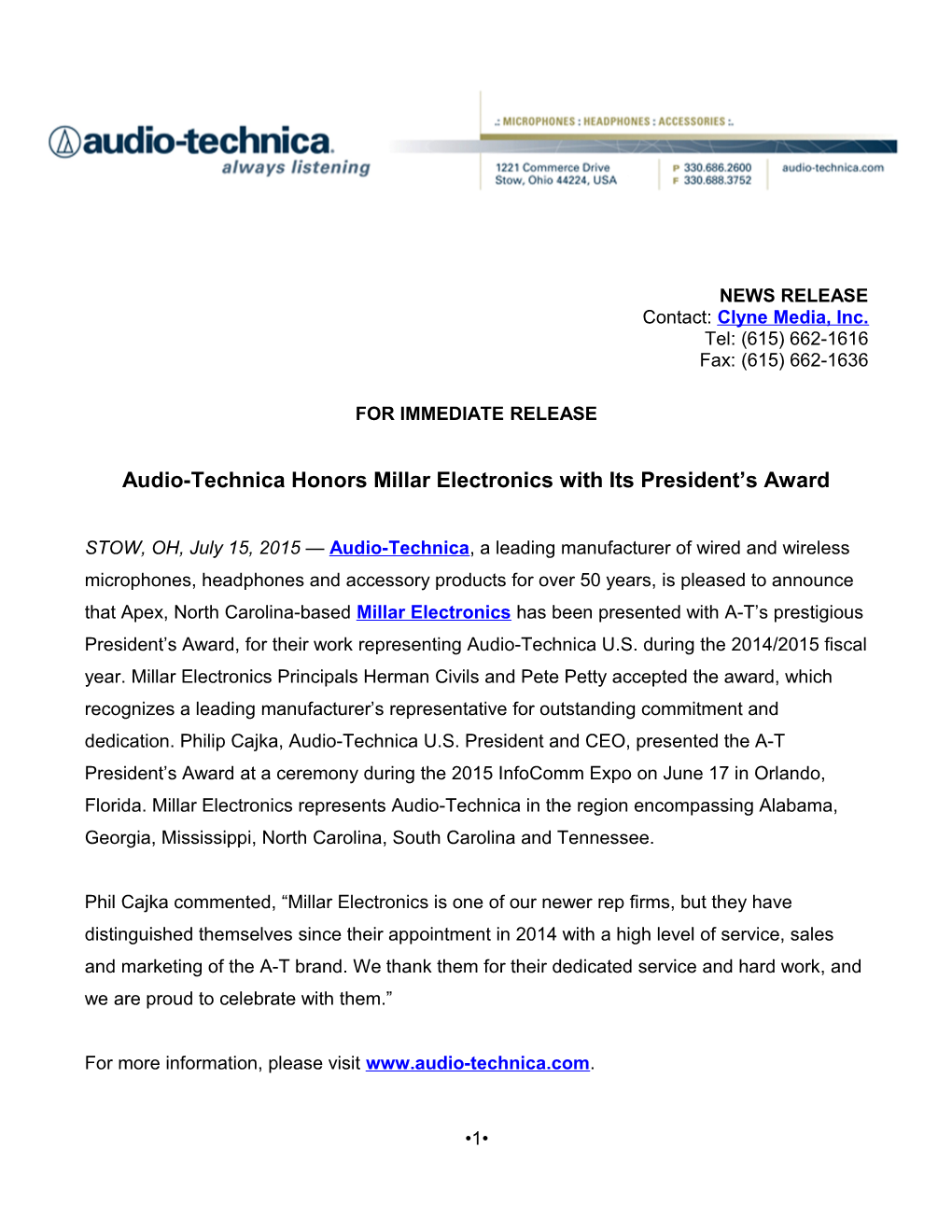 Audio-Technica Honors Millar Electronics with Its President S Award