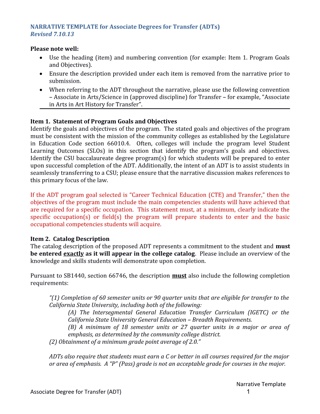 NARRATIVE TEMPLATE for Associate Degrees for Transfer (Adts)