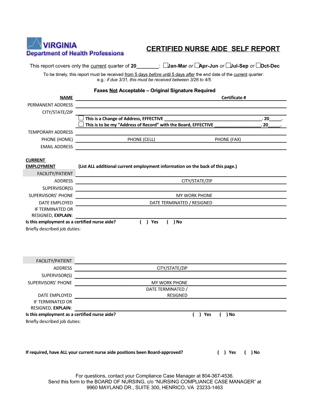 Self Report Form - Certified Nurse Aide