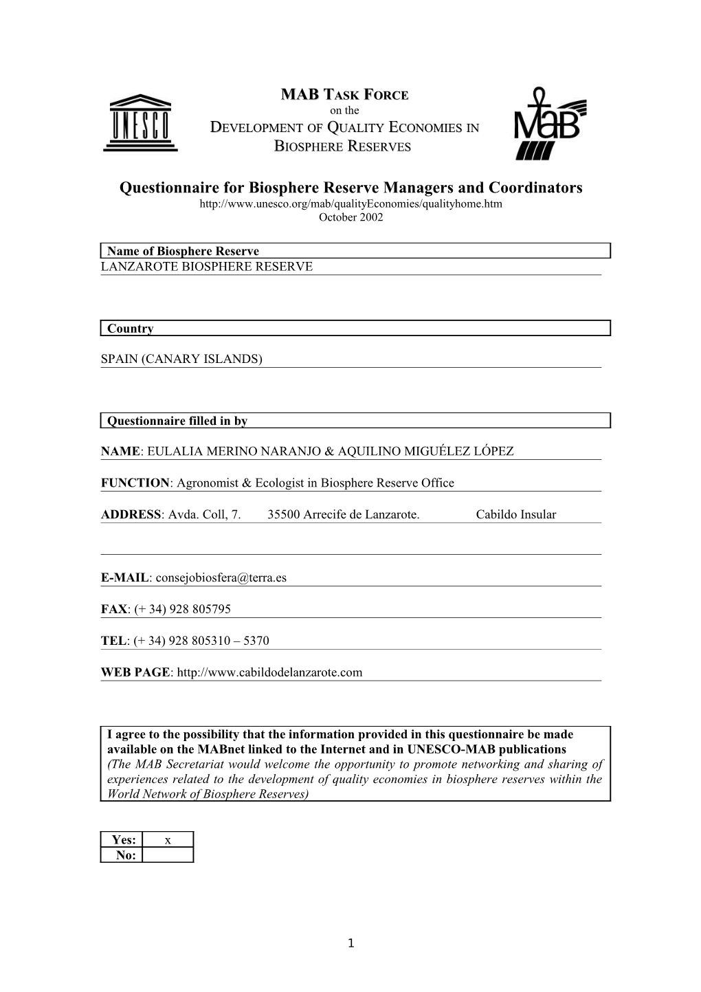 Questionnaire for Biosphere Reserve Managers and Coordinators