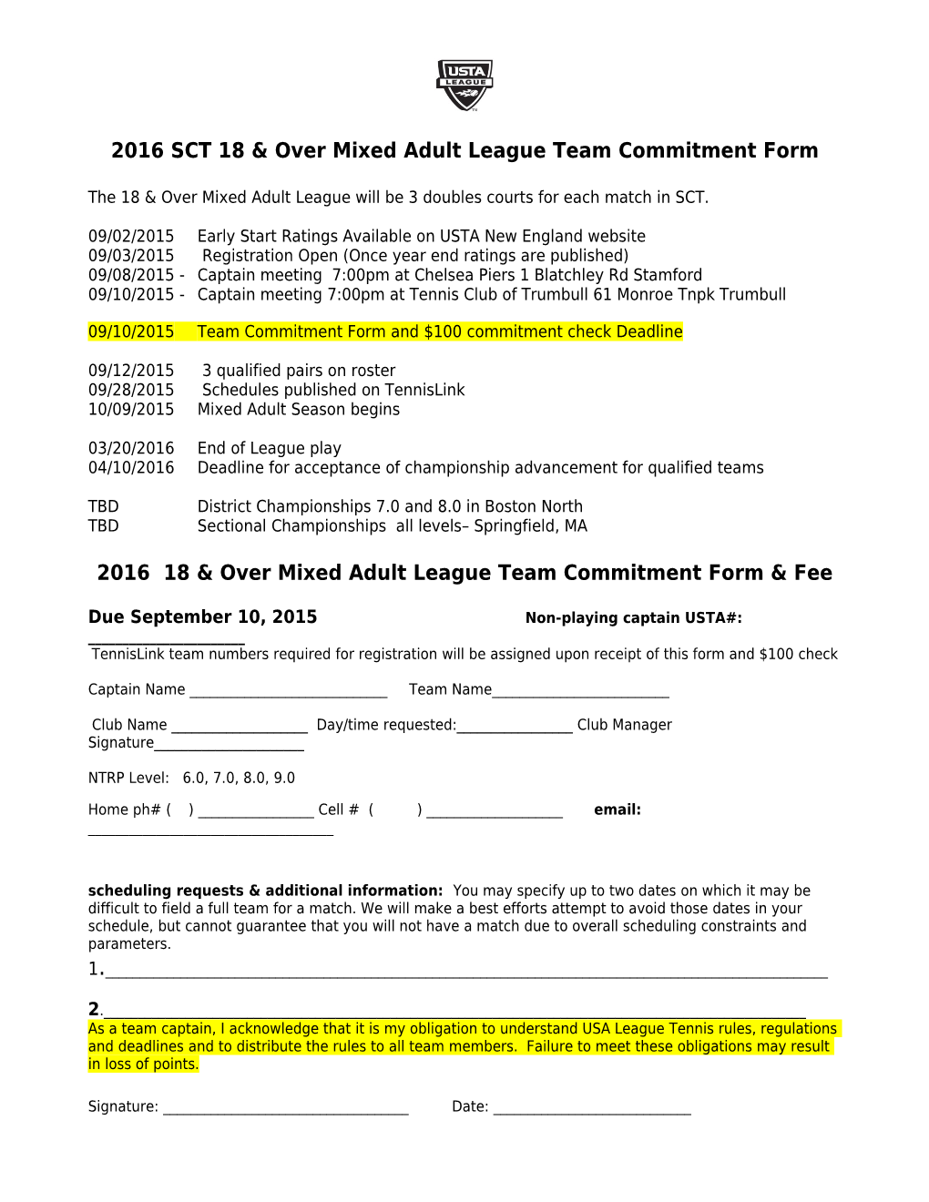 2016 SCT 18 & Over Mixed Adult League Team Commitment Form
