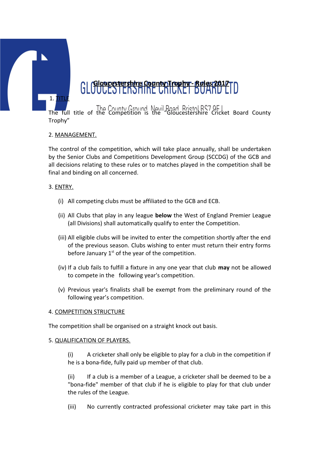 Gloucestershire County Trophy - Rules 2017