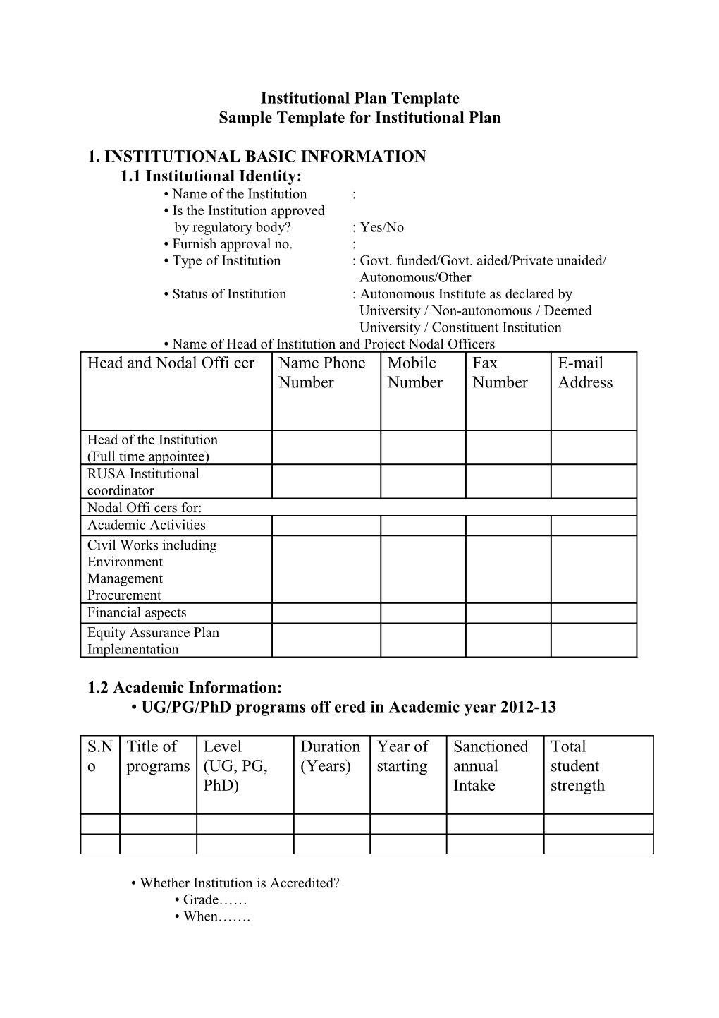 Sample Template for Institutional Plan