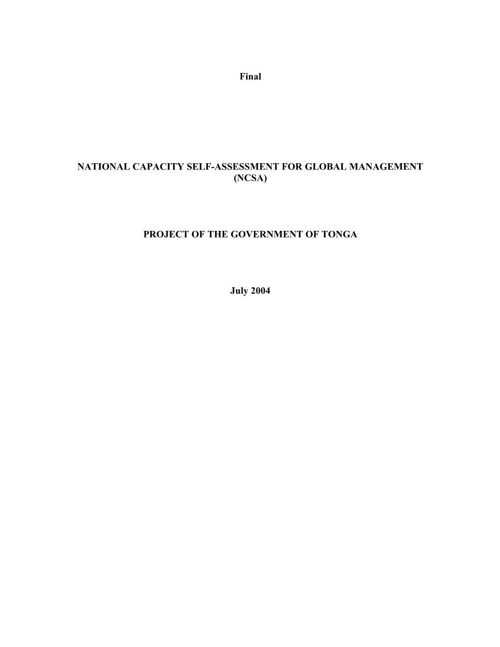 National Capacity Self-Assessment for Global Management (Ncsa)