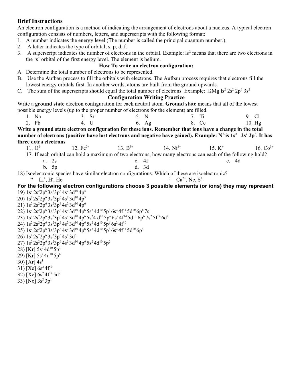 Electron Configuration Practice Worksheet s1
