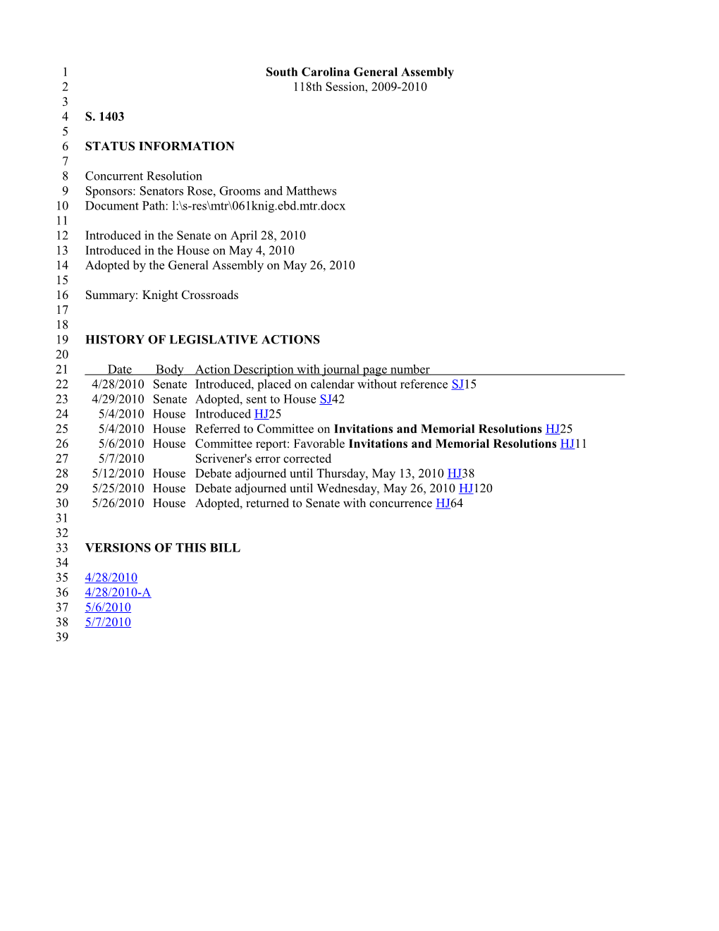 2009-2010 Bill 1403: Knight Crossroads - South Carolina Legislature Online