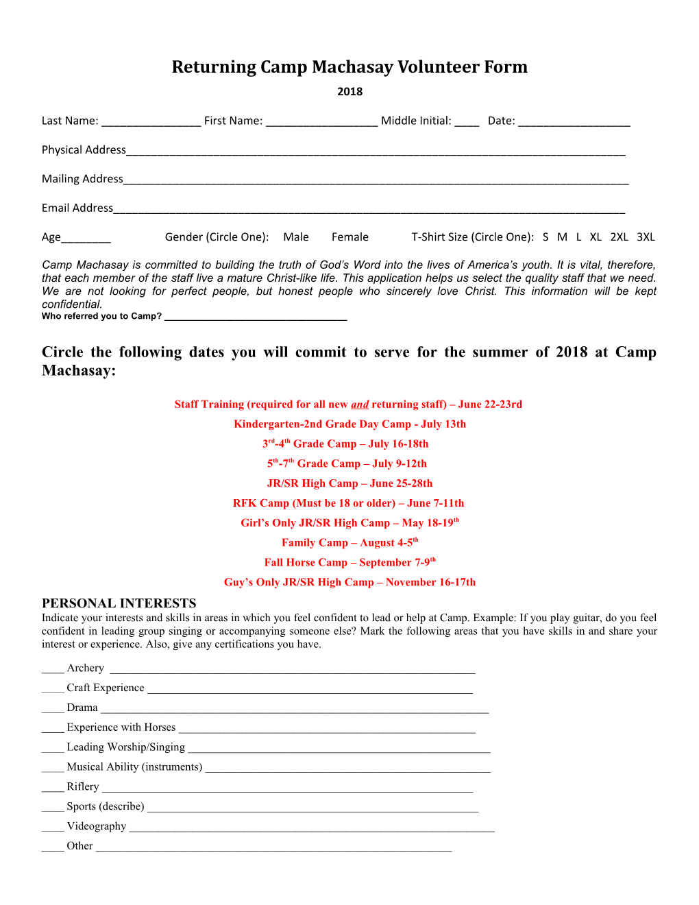 Returning Camp Machasay Volunteer Form