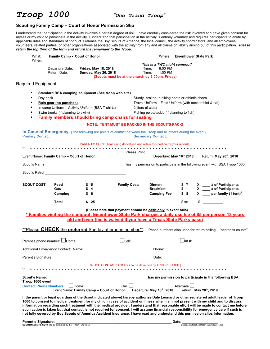 Scouting Family Camp Court of Honor Permission Slip