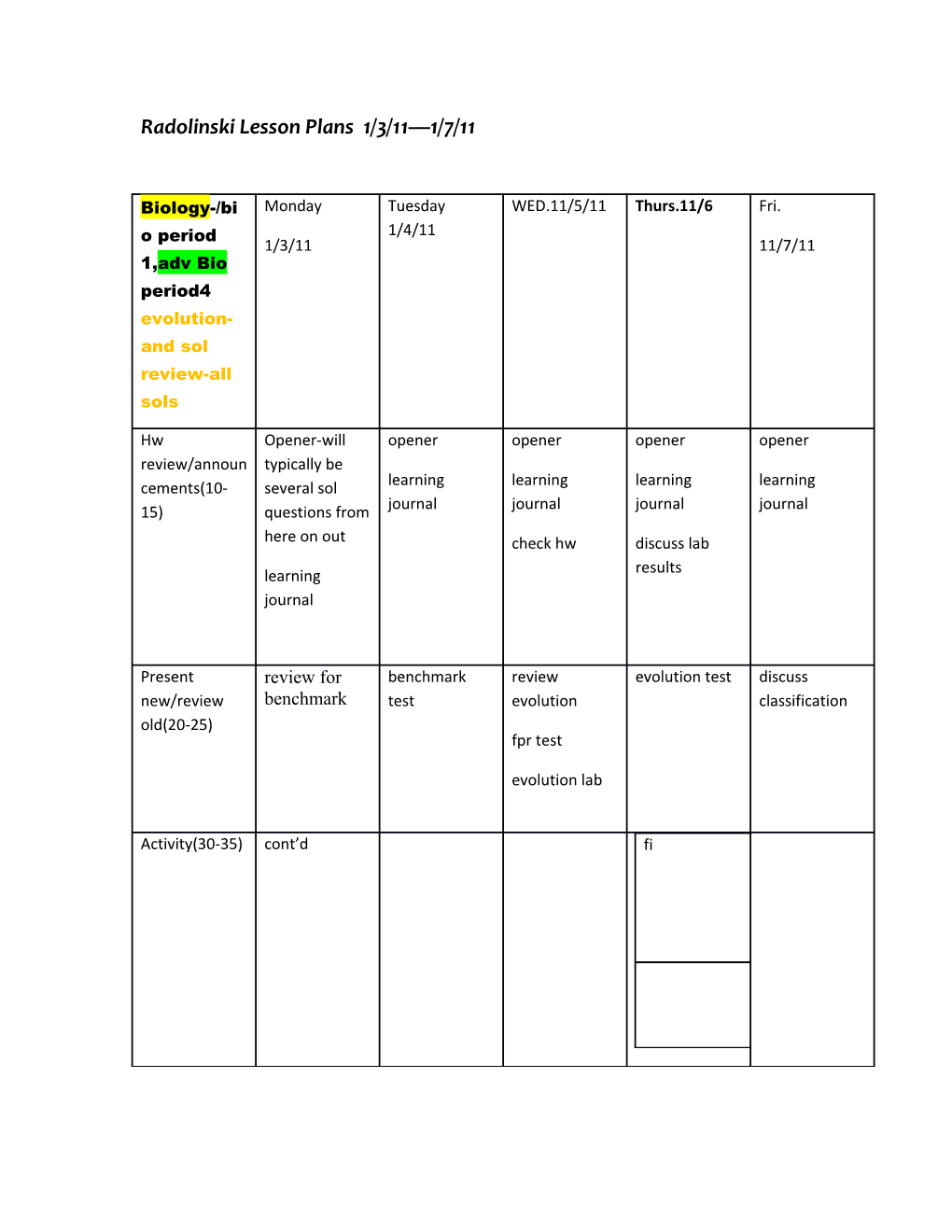 Radolinski L1 Lesson Plans 1/3/11 1/7/11