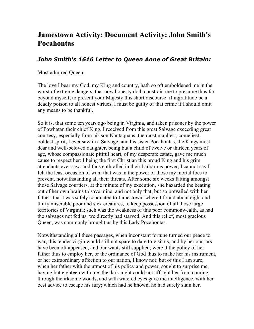 Jamestown Activity: Document Activity: John Smith's Pocahontas
