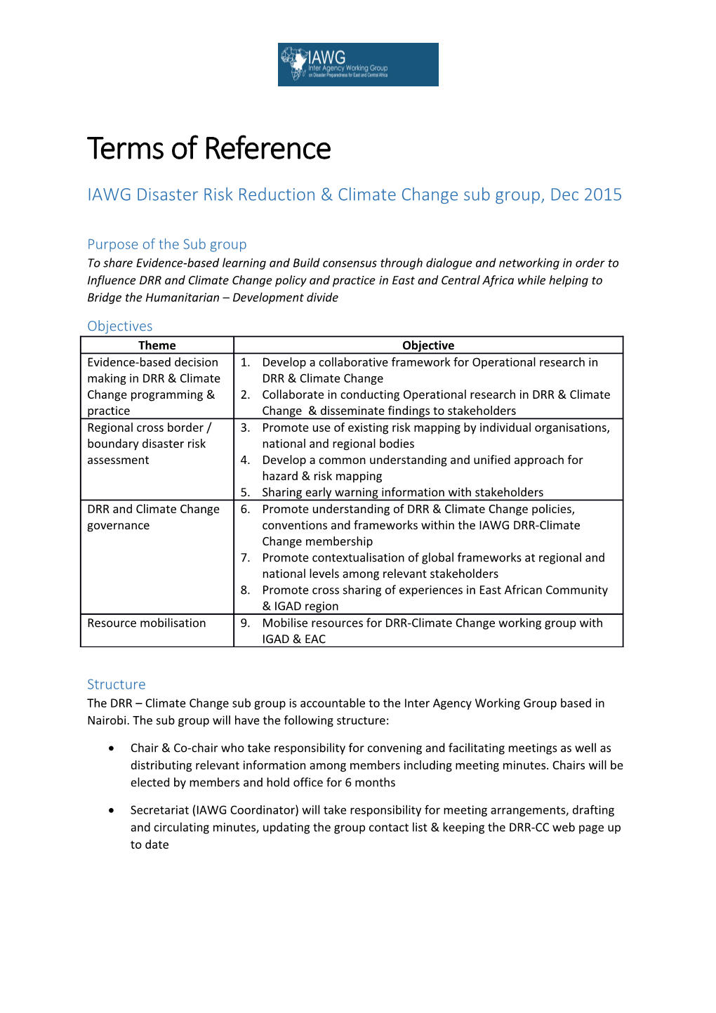 IAWG Disaster Risk Reduction & Climate Change Sub Group, Dec 2015