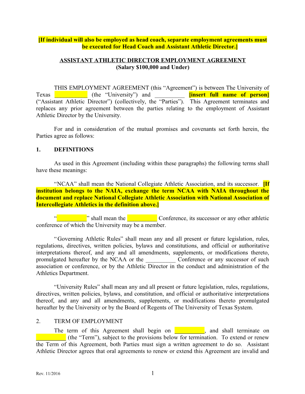 Assistant Athletic Directoremployment Agreement