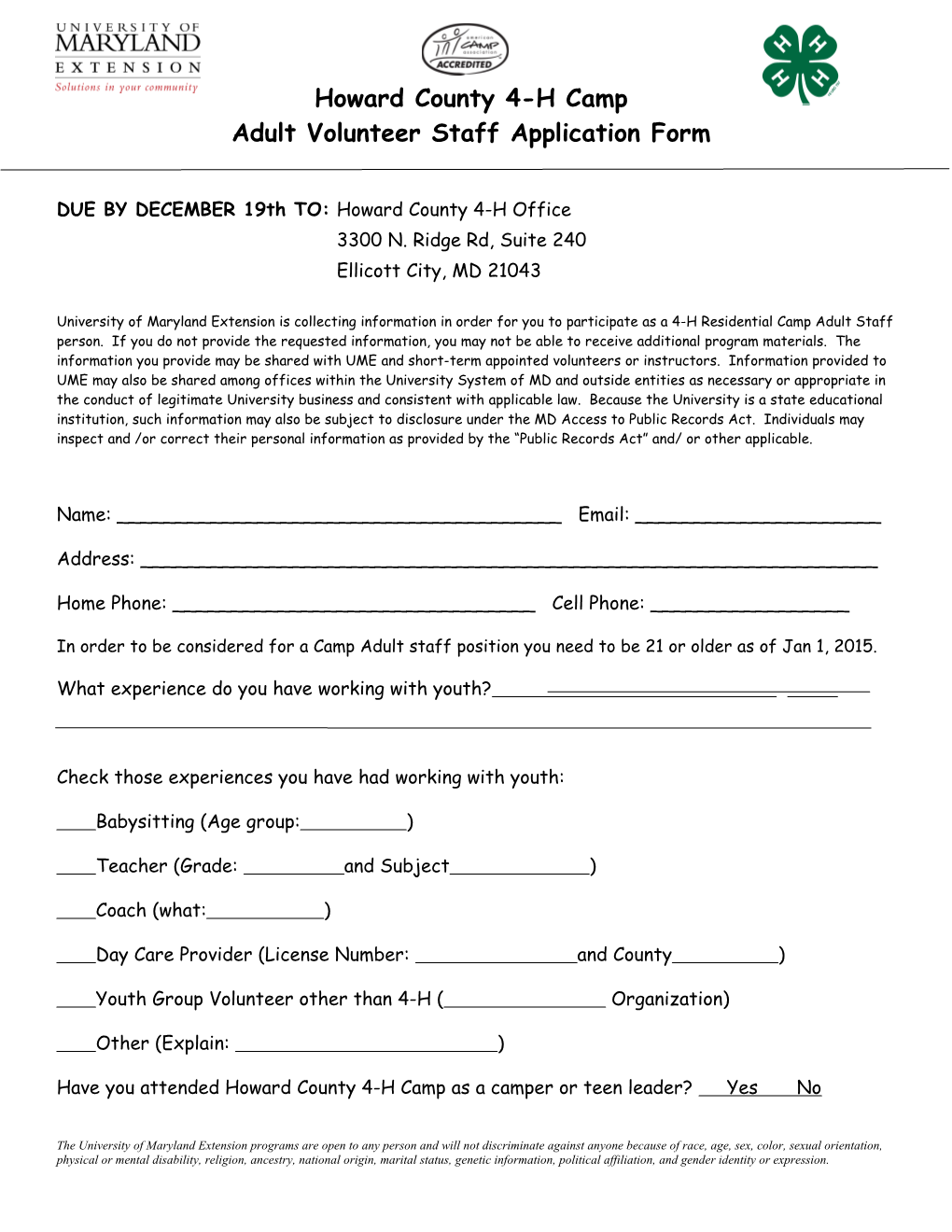 Adult Volunteer Staff Application Form
