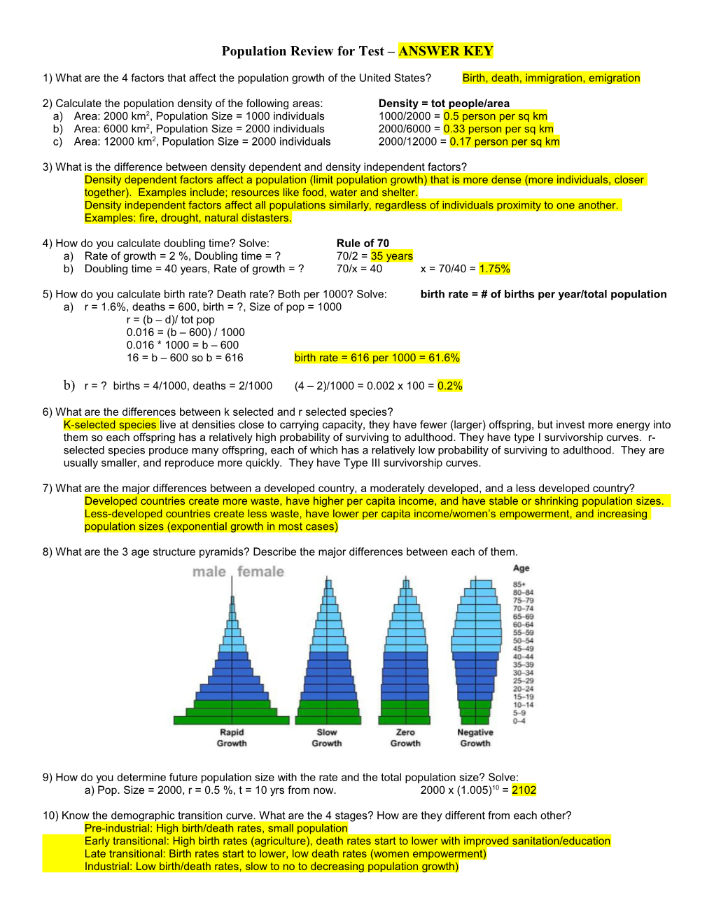 Population Review for Test ANSWER KEY