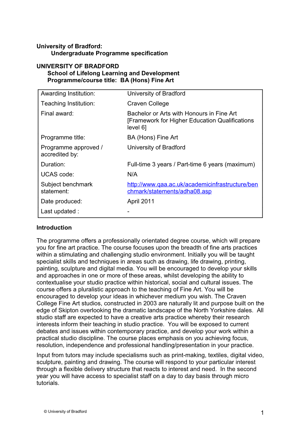 University of Bradford: Undergraduate Programme Specification