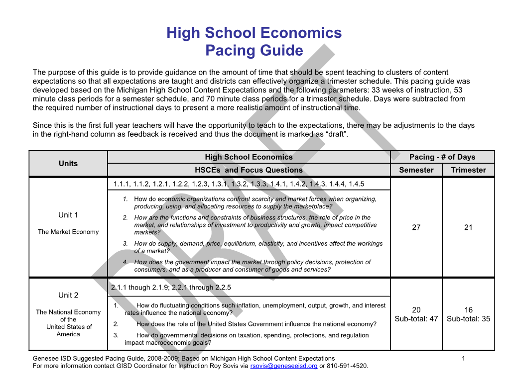 Genesee ISD Suggested Pacing Guide, 2008-2009; Based on Michigan High School Content