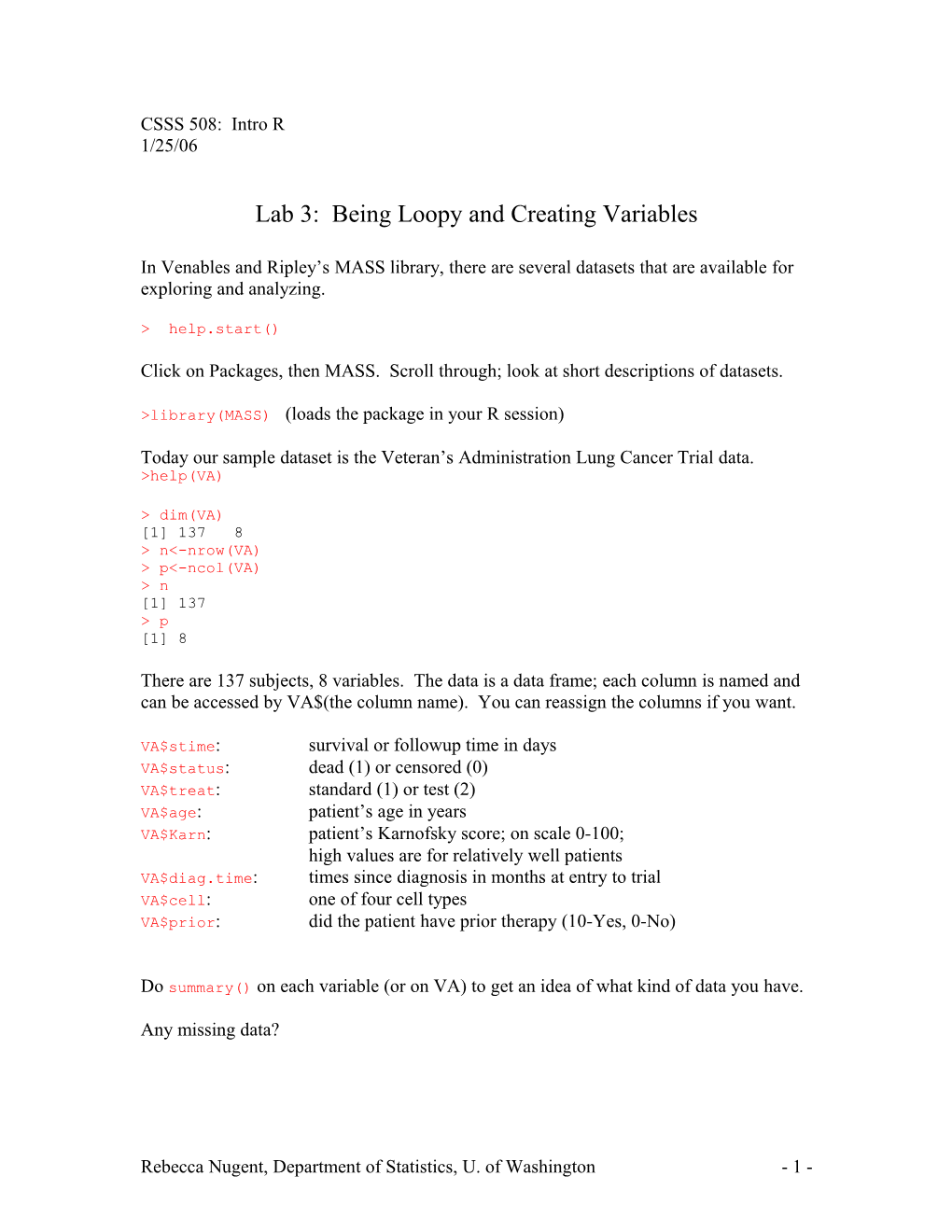 Lab 3: Being Loopy and Creating Variables