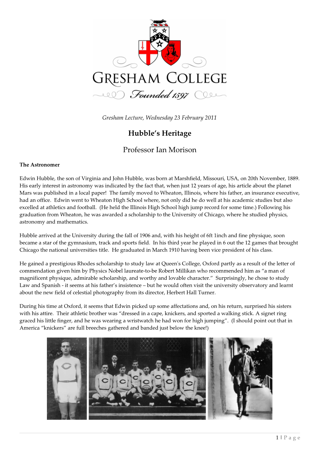 Gresham Lecture, Wednesday 23 February 2011